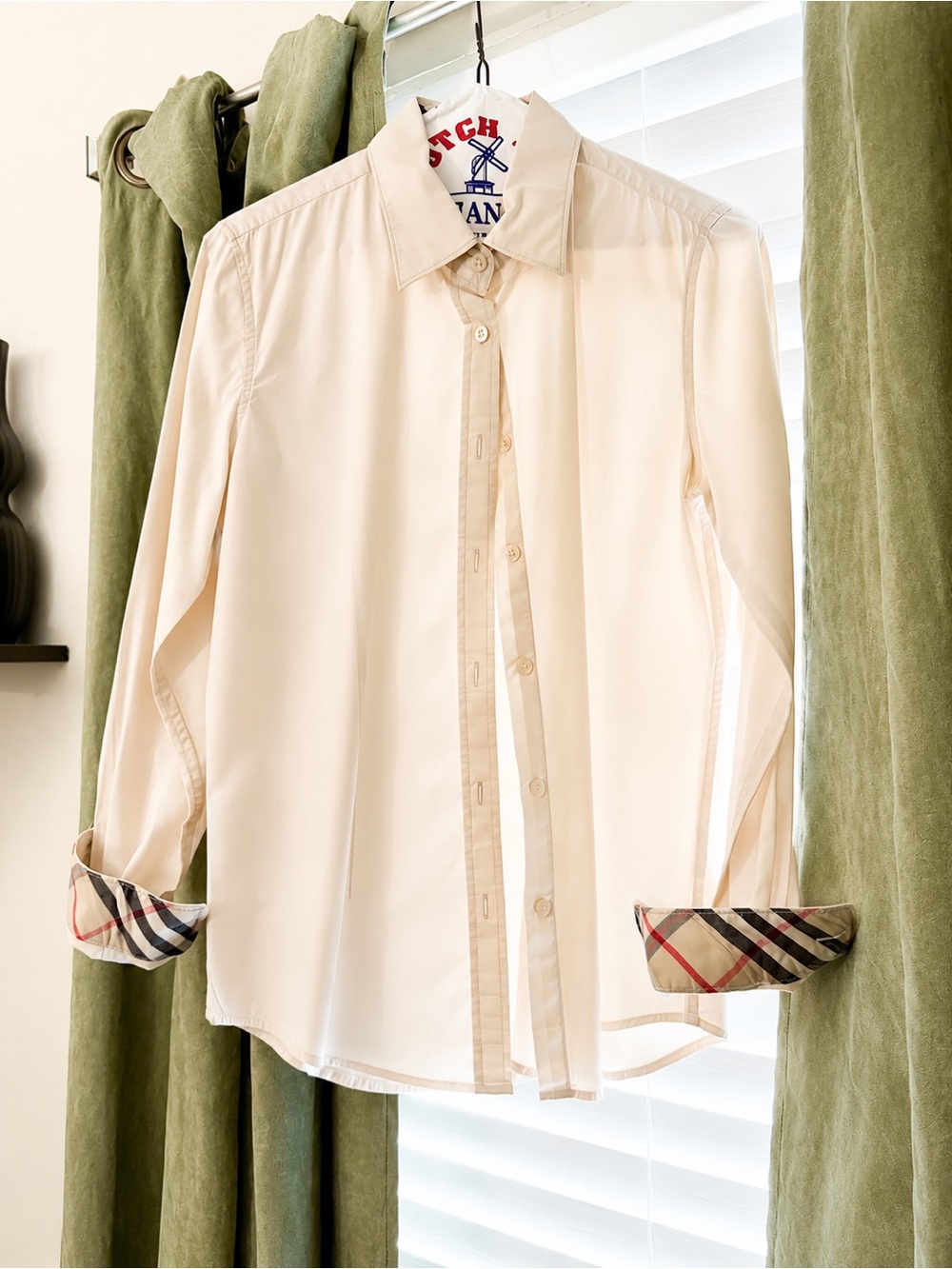 Burberry Cream Long-Sleeve Dress Shirt with Signature Trim
